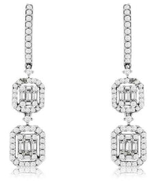 1.10CT DIAMOND 14KT WHITE GOLD ROUND & BAGUETTE DOUBLE SQUARE HANGING EARRINGS