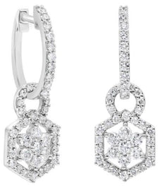 1.40CT DIAMOND 18KT WHITE GOLD FLOWER HEXAGON LOVE KNOT HUGGIE HANGING EARRINGS