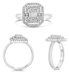 .49CT DIAMOND 14KT WHITE GOLD ROUND & BAGUETTE CLUSTER DOUBLE HALO OCTAGON RING