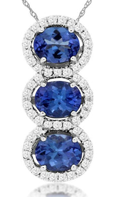 1.25CT DIAMOND & AAA TANZANITE 14KT WHITE GOLD OVAL & ROUND 3 STONE HALO PENDANT