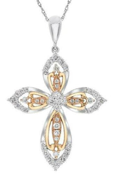 .45CT DIAMOND 18KT WHITE & ROSE GOLD FLORAL OPEN FILIGREE CROSS FLOATING PENDANT