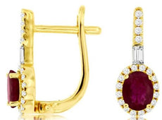 1.02CT DIAMOND & AAA RUBY 14KT YELLOW GOLD 3D OVAL FLOWER HALO HANGING EARRINGS