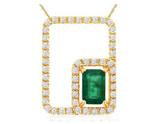 .88CT DIAMOND & AAA EMERALD 14KT YELLOW GOLD ROUND & BAGUETTE FLOATING PENDANT