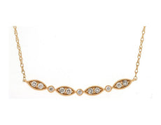 ESTATE .16CT DIAMOND 14KT YELLOW GOLD ROUND MARQUISE SHAPE FILIGREE BAR NECKLACE