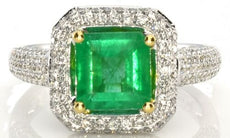 2.27CT DIAMOND & AAA EMERALD 18K 2 TONE GOLD DOUBLE HALO OCTAGON ENGAGEMENT RING