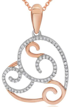 .24CT DIAMOND 14K 2 TONE GOLD OPEN FILIGREE SIDEWAYS HEART LOVE FLOATING PENDANT