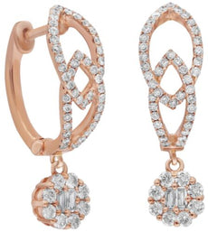 .97CT DIAMOND 14KT ROSE GOLD ROUND & BAGUETTE FLOWER LOVE KNOT HUGGIE EARRINGS