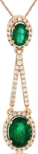 1.92CT DIAMOND & AAA EMERALD 14KT ROSE GOLD OVAL DOUBLE FLOWER FLOATING PENDANT