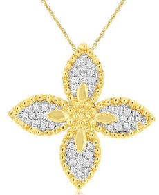 ESTATE .15CT DIAMOND 14K YELLOW GOLD FILIGREE DOUBLE FLOWER FUN FLOATING PENDANT