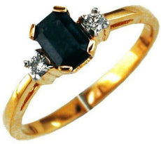 .83CT DIAMOND & AAA SAPPHIRE 14K YELLOW GOLD 3D EMERALD CUT & ROUND 3 STONE RING
