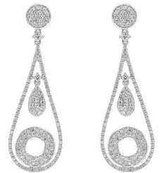 LARGE 1.51CT DIAMOND 14KT WHITE GOLD 3D CIRCULAR PAVE TEAR DROP HANGING EARRINGS