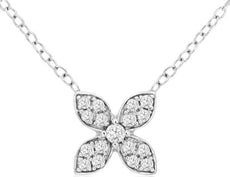 ESTATE .16CT DIAMOND 14KT WHITE GOLD 3D 4 LEAF CLOVER FLOWER LOVE NECKLACE