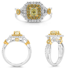 1.44CT WHITE & FANCY YELLOW DIAMOND 18KT TWO TONE GOLD CUSHION & ROUND HALO RING