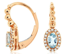 ESTATE .50CT DIAMOND & AAA AQUAMARINE 14K ROSE GOLD OVAL FLOWER HANGING EARRINGS