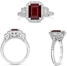 2.57CT DIAMOND & AAA RUBY PLATINUM 3D TRAPEZOID & ROUND 3 STONE ENGAGEMENT RING