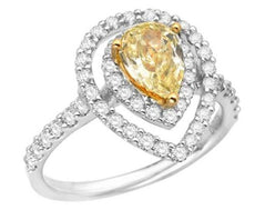 1.74CT WHITE & FANCY YELLOW DIAMOND 18KT 2 TONE GOLD DOUBLE HALO ENGAGEMENT RING