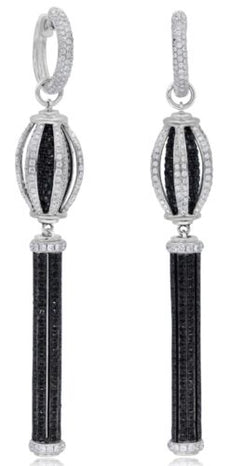 LARGE 10.00CT WHITE & BLACK DIAMOND 18K WHITE GOLD HUGGIE BAR HANGING EARRINGS