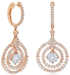 2.05CT DIAMOND 18KT ROSE GOLD 3D FLOWER DOUBLE HALO GEOMETRICAL HANGING EARRINGS