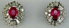 1.55CT DIAMOND & AAA RUBY 14KT WHITE GOLD OVAL ROUND & BAGUETTE FLOWER EARRINGS