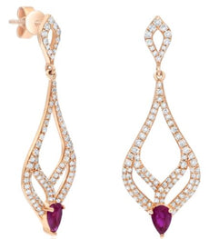 1.44CT DIAMOND & AAA RUBY 14KT ROSE GOLD DOUBLE TEAR DROP FUN HANGING EARRINGS