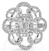 LARGE .78CT DIAMOND 18KT WHITE GOLD 3D ROUND & BAGUETTE SQUARE FLOWER LOVE RING