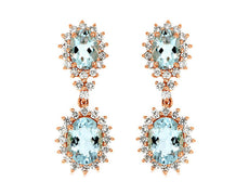 4.90CT DIAMOND & AAA AQUAMARINE 14KT ROSE GOLD 3D OVAL & ROUND HANGING EARRINGS