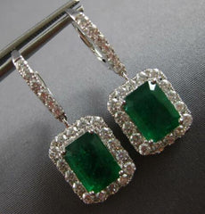 LARGE 7CT DIAMOND & AAA EMERALD 18KT WHITE GOLD 3D OCTAGON HALO HANGING EARRINGS