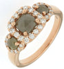 ESTATE 1.57CT WHITE & GREEN DIAMOND 18KT ROSE GOLD 3D THREE STONE HALO FUN RING