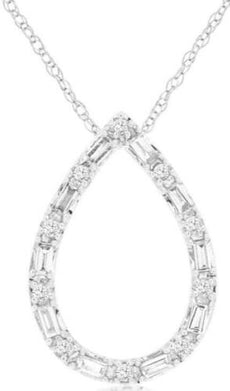 .21CT DIAMOND 14K WHITE GOLD 3D ROUND & BAGUETTE OPEN TEAR DROP FLOATING PENDANT