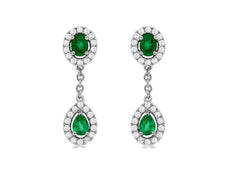 .96CT DIAMOND & AAA EMERALD 14KT WHITE GOLD OVAL & PEAR SHAPE HANGING EARRINGS