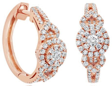 ESTATE .92CT DIAMOND 14KT ROSE GOLD CLASSIC DOUBLE HEART HUGGIE HANGING EARRINGS