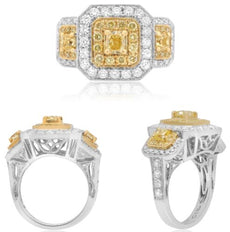 2.6CT WHITE & FANCY YELLOW DIAMOND 18KT 2 TONE GOLD CUSHION & ROUND 3 STONE RING