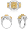 2.6CT WHITE & FANCY YELLOW DIAMOND 18KT 2 TONE GOLD CUSHION & ROUND 3 STONE RING
