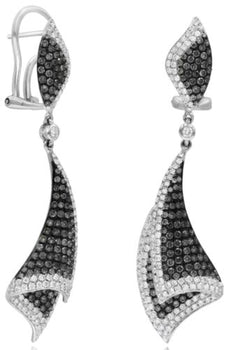 LARGE 3.20CT WHITE & BLACK DIAMOND 14KT WHITE GOLD GEOMETRICAL HANGING EARRINGS