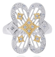 ESTATE .15CT DIAMOND 14KT 2 TONE GOLD 3D ROUND OPEN FILIGREE FLOWER LOVE RING