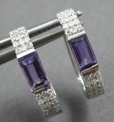 .72CT DIAMOND & AAA AMTHEYST 14K WHITE GOLD EMERALD CUT & ROUND HUGGIE EARRINGS