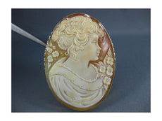 ANTIQUE EXTRA LARGE 14KT YELLOW GOLD HANDCRAFTED FILIGREE LADY CAMEO PIN PENDANT