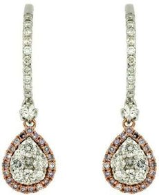 1.02CT WHITE & PINK DIAMOND 14K WHITE GOLD 3D CLUSTER TEAR DROP HANGING EARRINGS
