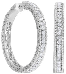 ESTATE 1.43CT DIAMOND 18KT WHITE GOLD 3D CLASSIC FILIGREE HOOP HANGING EARRINGS