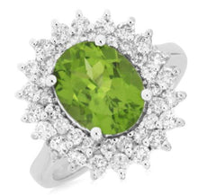 3.85CT DIAMOND & AAA PERIDOT 14K WHITE GOLD 3D OVAL & ROUND DOUBLE HALO FUN RING