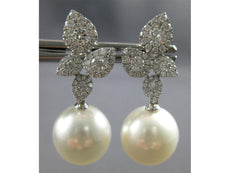 ESTATE LARGE 1.05CT DIAMOND & AAA SOUTH SEA PEARL 18K WHITE GOLD 3D MULTI LEAF EARRINGS