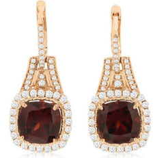 LARGE 6.20CT DIAMOND & AAA GARNET 14KT ROSE GOLD CUSHION HALO HANGING EARRINGS