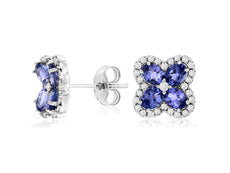 1.65CT DIAMOND & AAA TANZANITE 14KT WHITE GOLD OVAL 4 LEAF CLOVER STUD EARRINGS