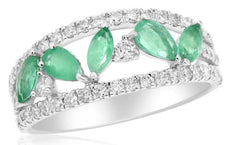 1.38CT DIAMOND & AAA EMERALD 14K WHITE GOLD ROUND MARQUISE & PEAR SHAPE FUN RING