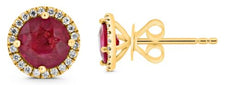 1.69CT DIAMOND & AAA RUBY 18KT YELLOW GOLD 3D ROUND HALO CLASSIC FLOWER EARRINGS