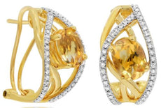 2.63CT DIAMOND & AAA CITRINE 14KT YELLOW GOLD OVAL & ROUND LEAF HANGING EARRINGS