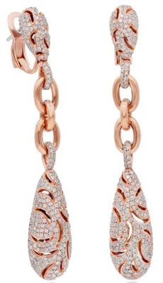 LARGE 4.25CT DIAMOND 18KT ROSE GOLD 3D OPEN FILIGREE TEAR DROP CLIP ON EARRINGS