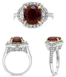 3.78CT DIAMOND & AAA RUBY 18KT TWO TONE GOLD 3D OVAL & HALF MOON ENGAGEMENT RING