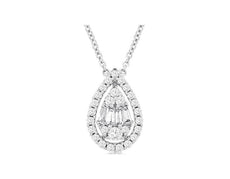 .41CT DIAMOND 14KT WHITE GOLD ROUND & BAGUETTE CLUSTER HALO TEAR DROP NECKLACE