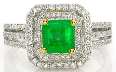 1.68CT DIAMOND & AAA EMERALD 18KT 2 TONE GOLD 3D SQUARE & ROUND ENGAGEMENT RING